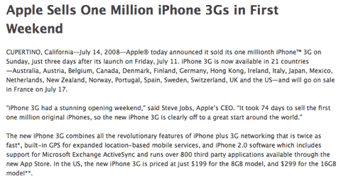 Apple vende 1 millón de iPhones en una semana