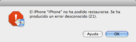 El iPhone no ha podido restaurarse. Se ha producido un error desconocido (21).