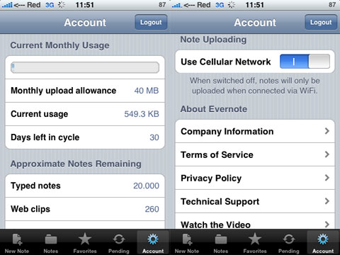 Evernote en el iPhone, mostrando los límites de tráfico