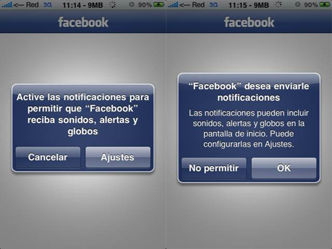 Facebook 3.1 pidiendo permiso para enviar notificaciones