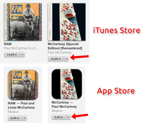 Precios de los mismos álbumes en la App Store e iTunes Store