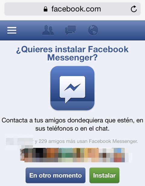 Facebook pidiendo la instalación de Facebook Messenger