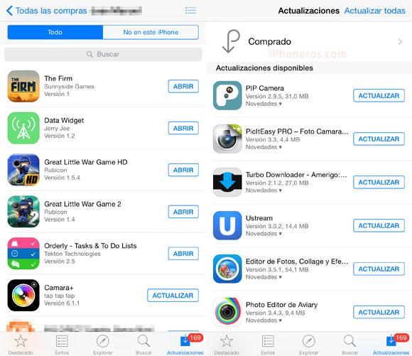 Lista de Apps compradas y pendientes por actualizar