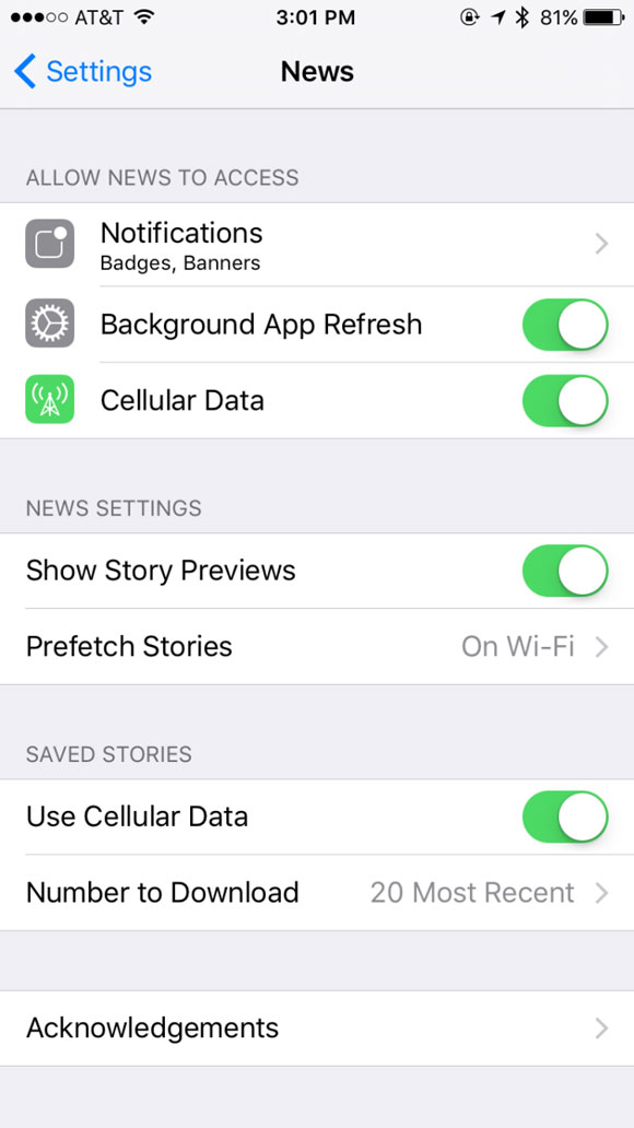 configuración de Apple News en la App de Ajustes