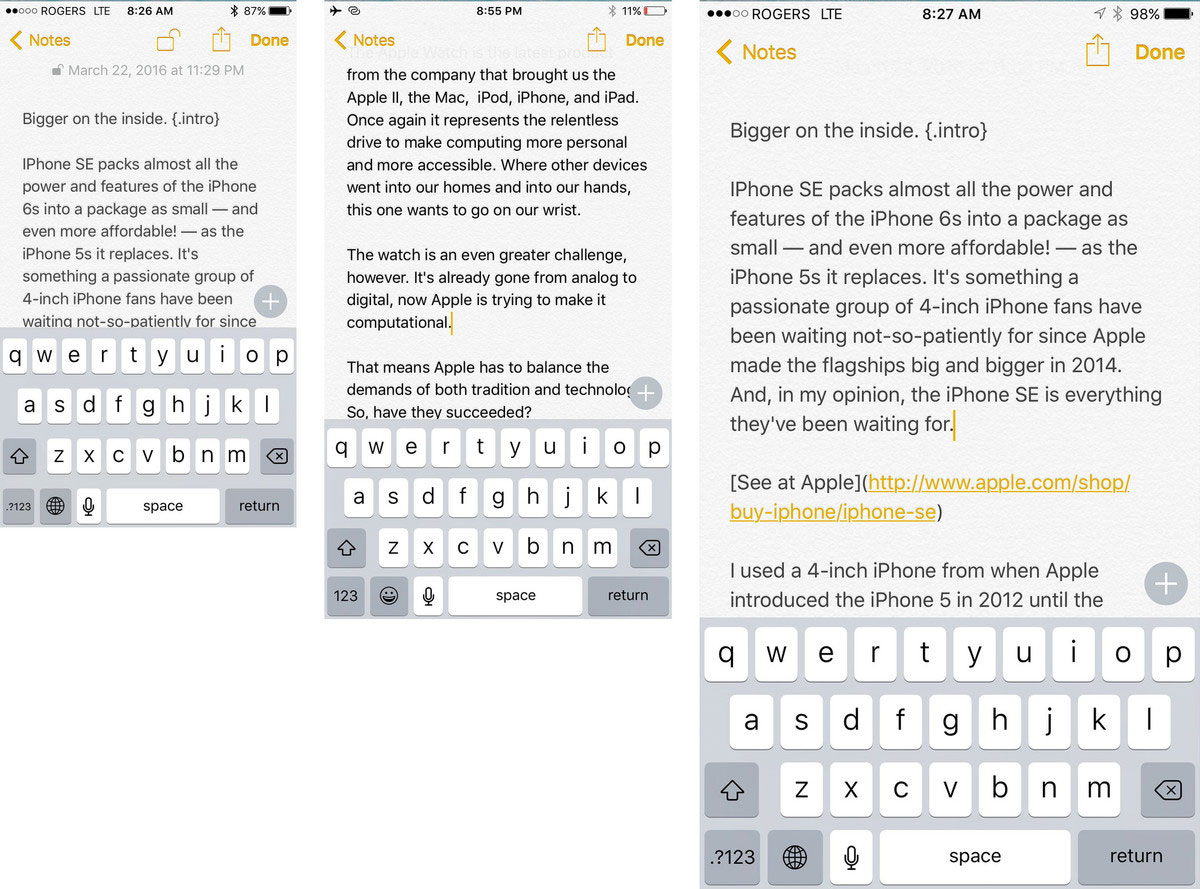 App de Notas comparada en los tres tamaños dei Phone