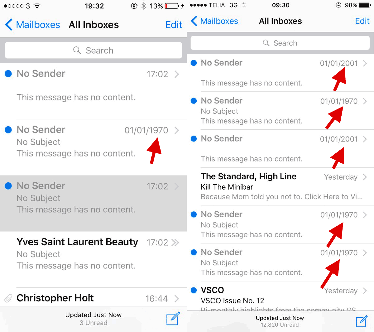 Emails vacíos con fecha de 1970