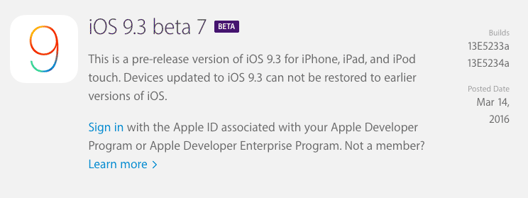iOS 9.3 beta 7 en el portal de desarrolladores