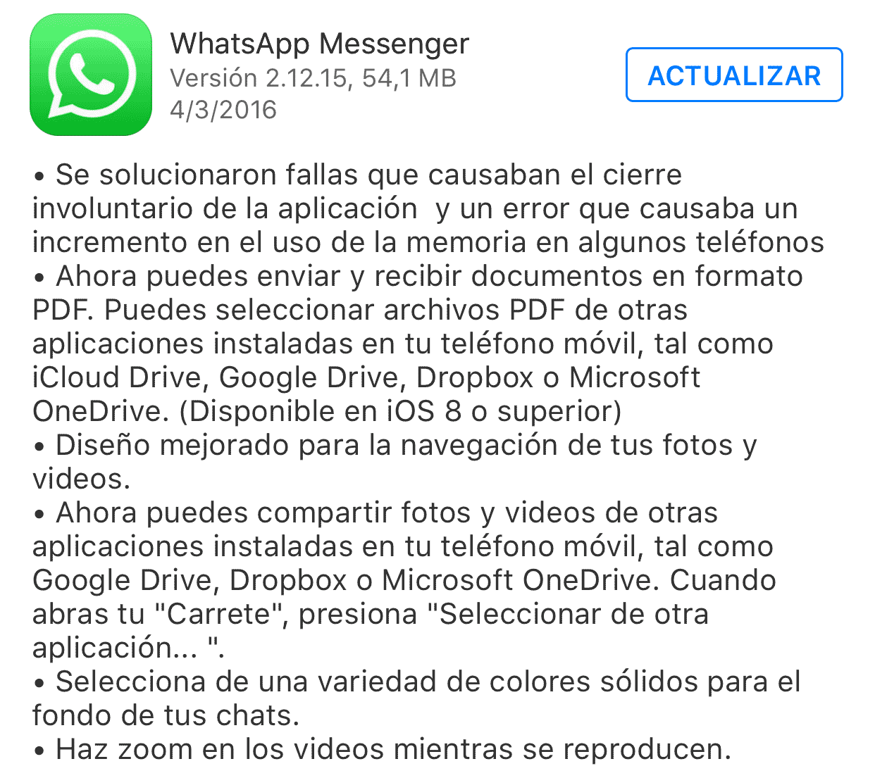 Cambios de la última actualización de Whatsapp