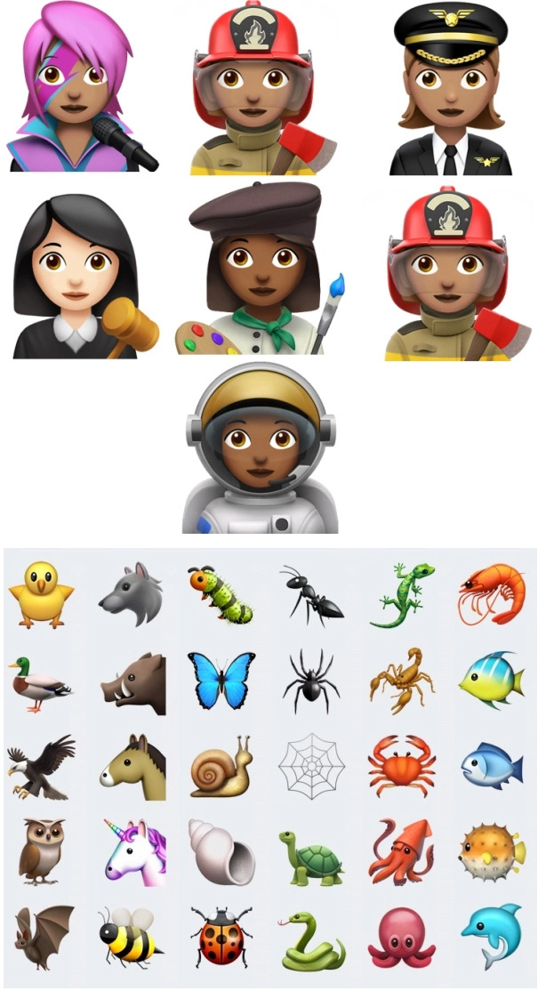 Emojis de profesiones, insectos y animales