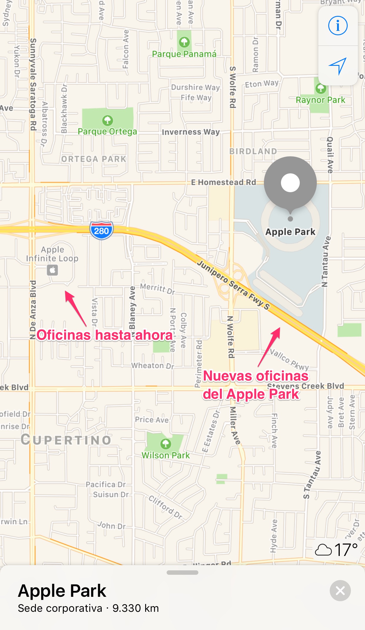 Distancia entre las oficinas de Apple y el Apple Park