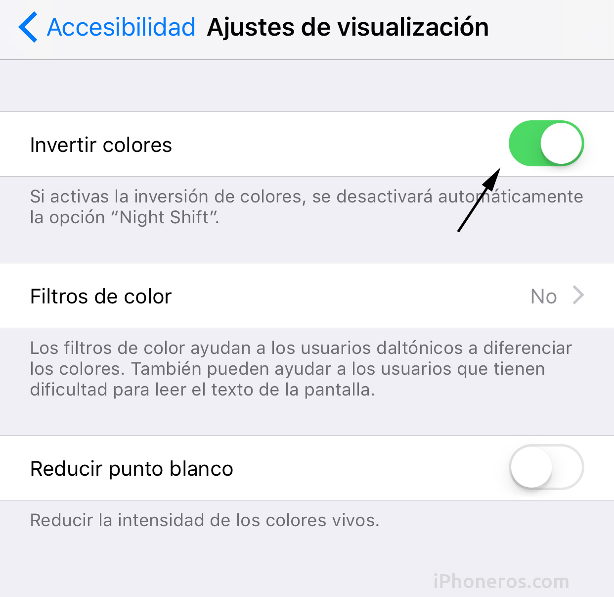 Ajustes de Inversión de Colores en la App de Ajustes