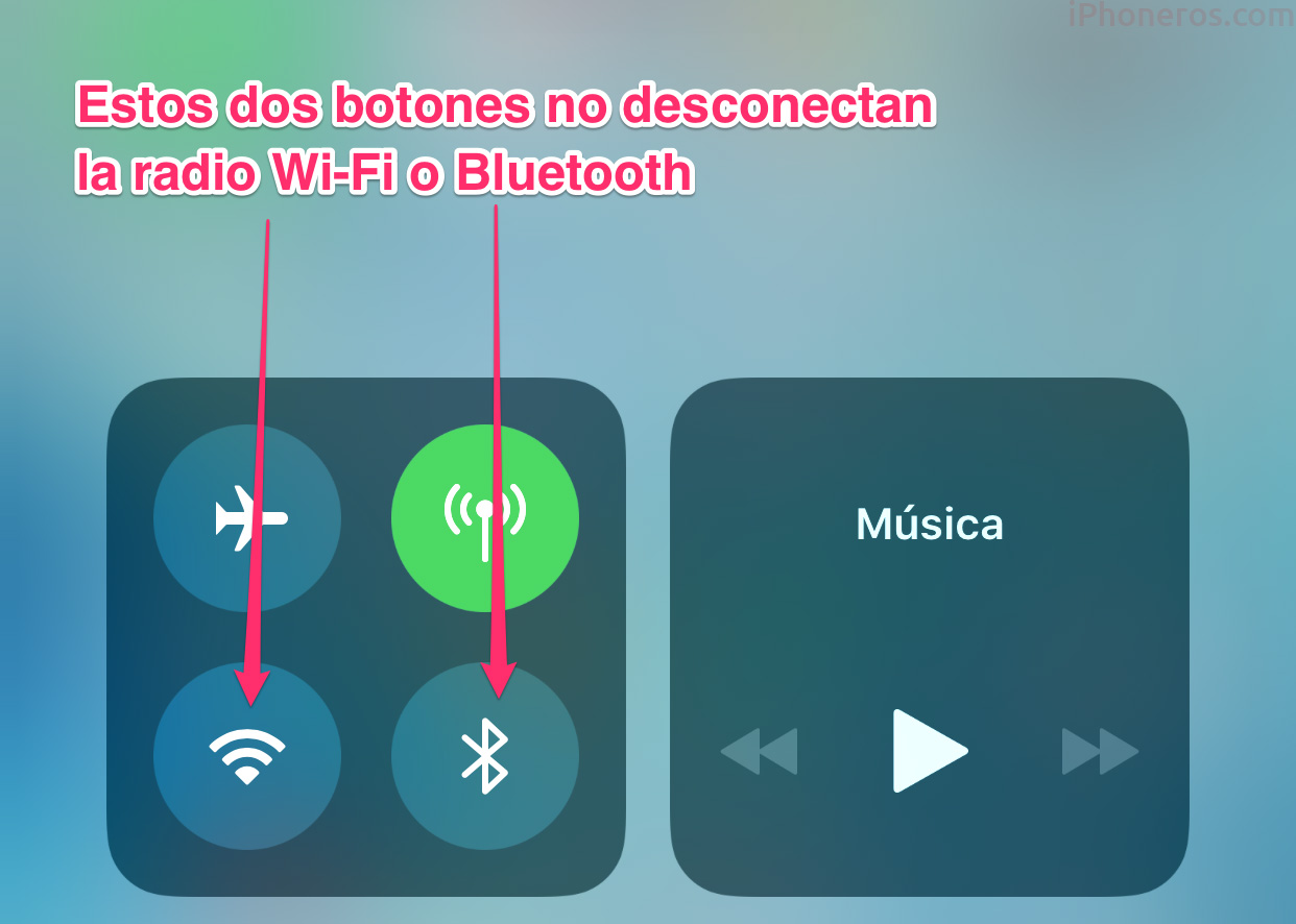 Botones para activar o desactivar la Wi-Fi o Bluetooth en el Centro de Control