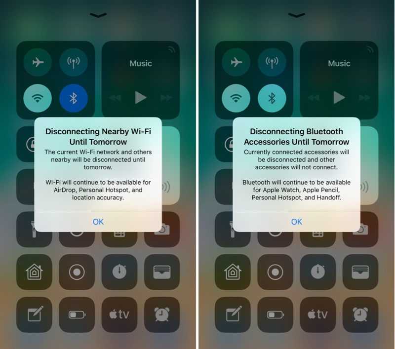 Mensaje que informa sobre las conexiones Wi-Fi o Bluetooth en iOS 11