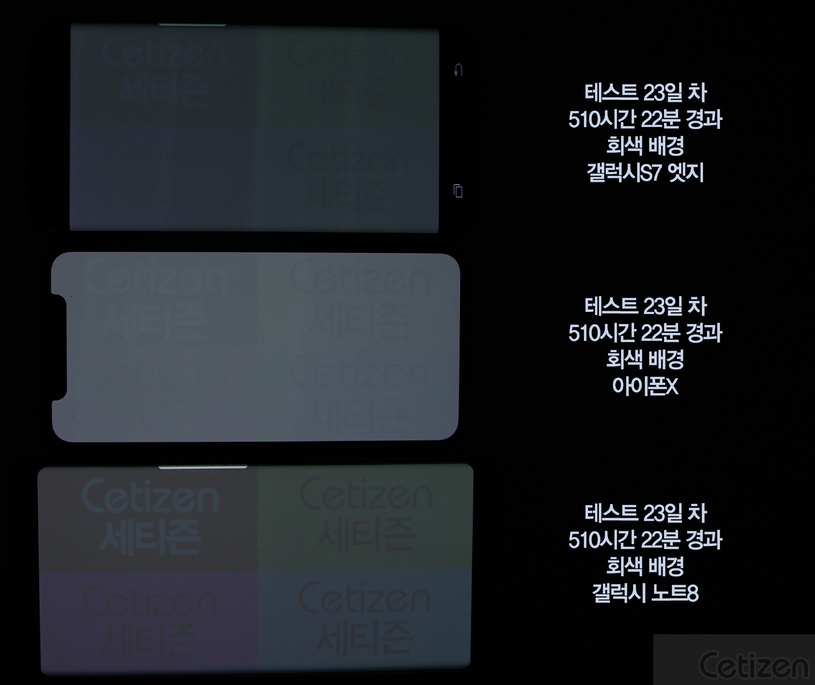 Prueba de pantalla OLED de un iPhone X comparado con un Galaxy S7 y Note 8 de Samsung