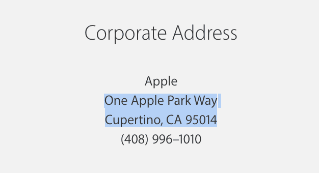 Nueva dirección de Apple en One Apple Park Way, Cupertino, CA 95014