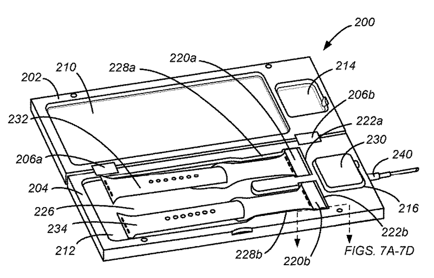 Esquema que muestra una caja para cargar el Apple Watch en una patente de Apple