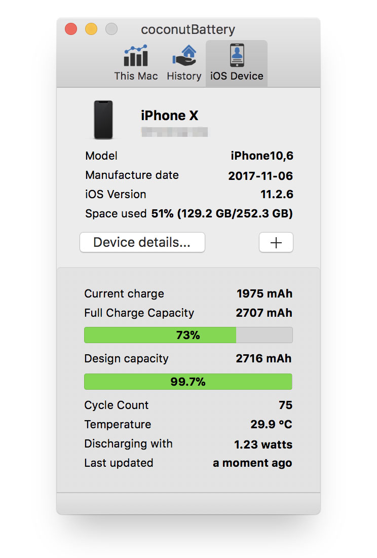 Coconutbattery da información sobre la batería de un iPhone X