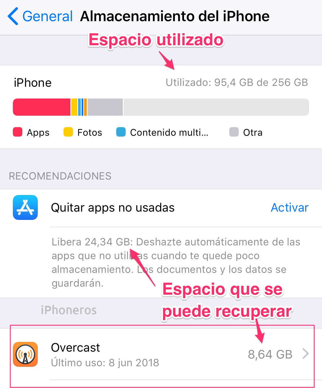 Cómo liberar espacio de almacenamiento en el iPhone