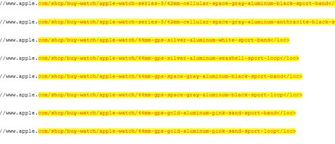 Nombres del Apple Watch en el sitemap de la web de Apple