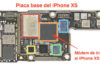 Placa base del iPhone XS con el módem de Intel indicado.