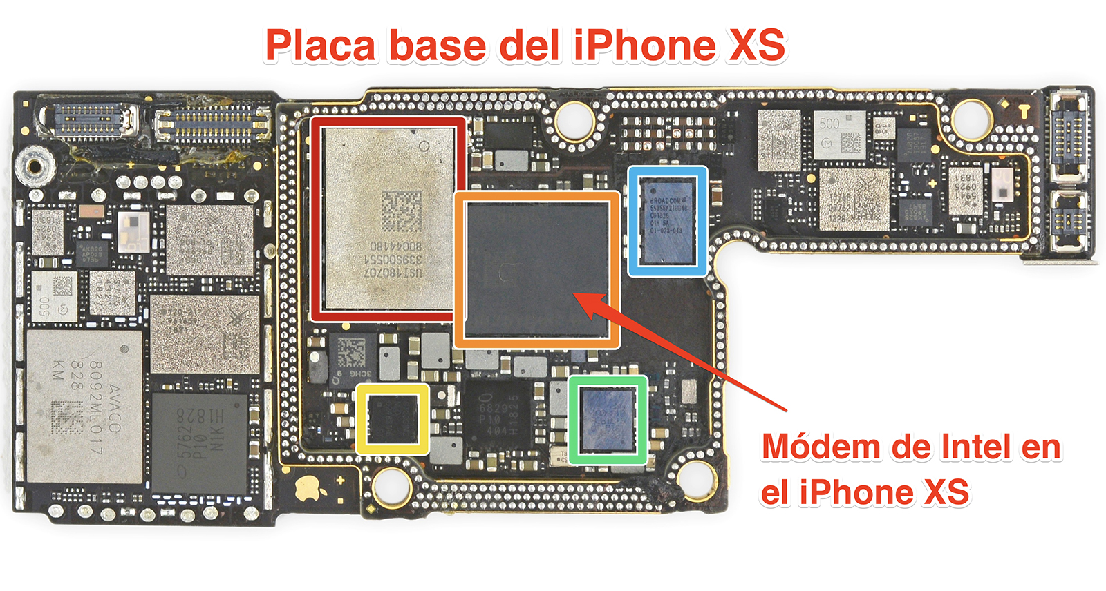 Placa base del iPhone XS con el módem de Intel indicado. 