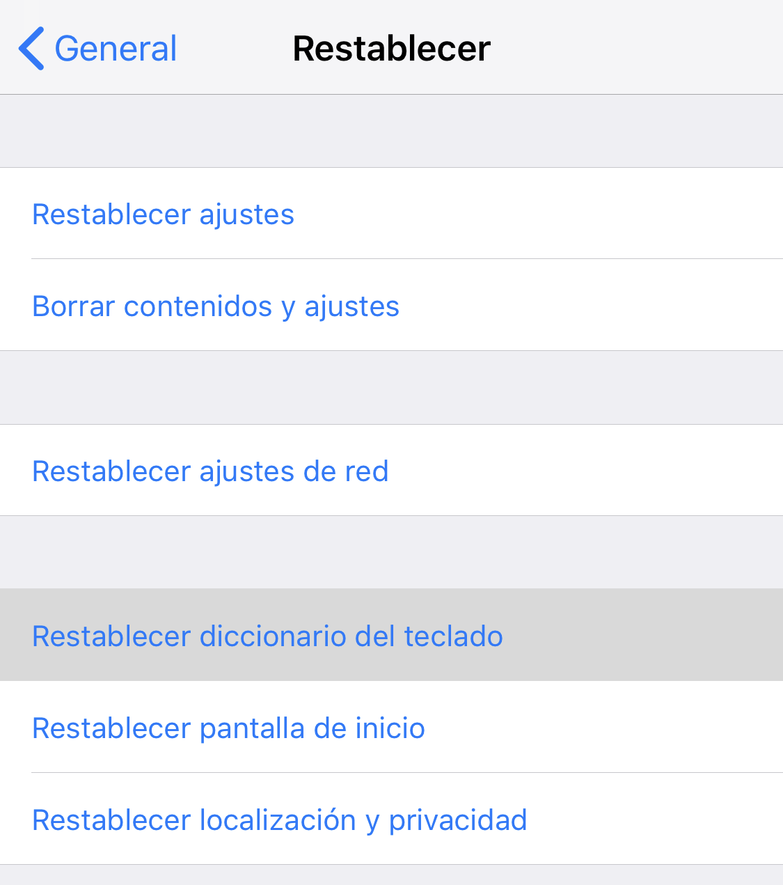 Restablecer diccionario de palabras aprendidas en la App de Ajustes de iOS