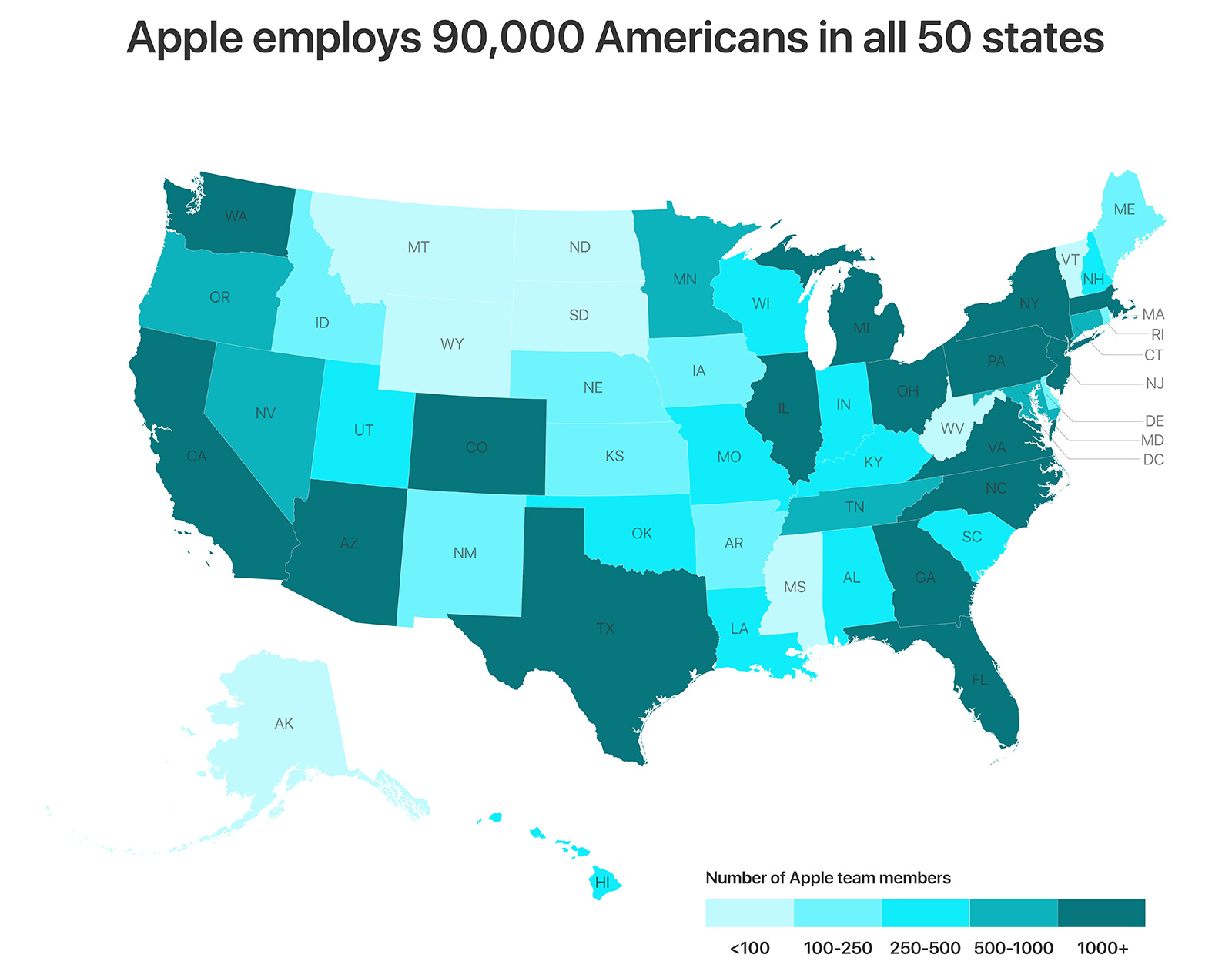 Mapa de empleados norteamericanos de Apple en EEUU