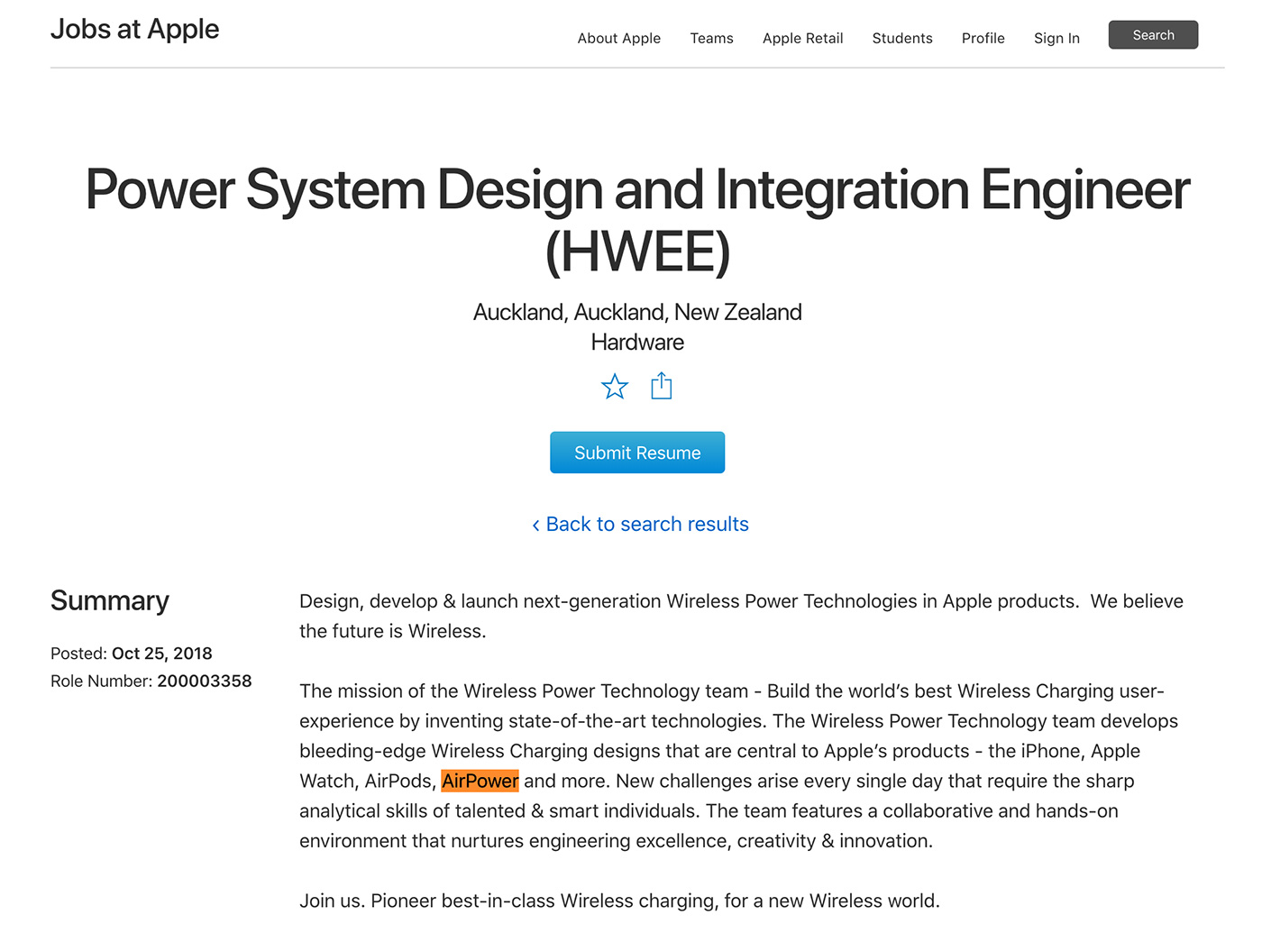 Oferta de trabajo de Apple que menciona la base de carga AirPower