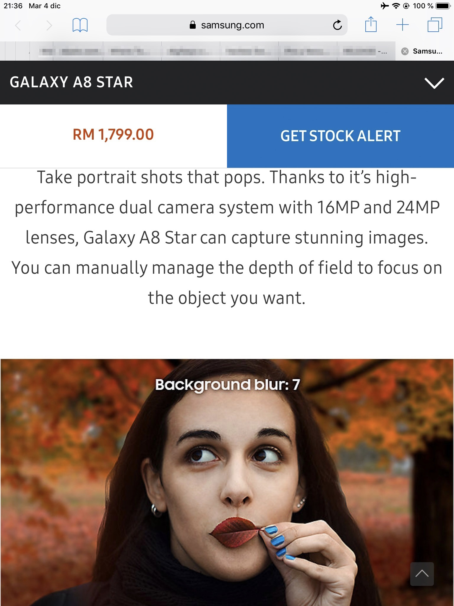 Web de Samsung con la foto del retrato