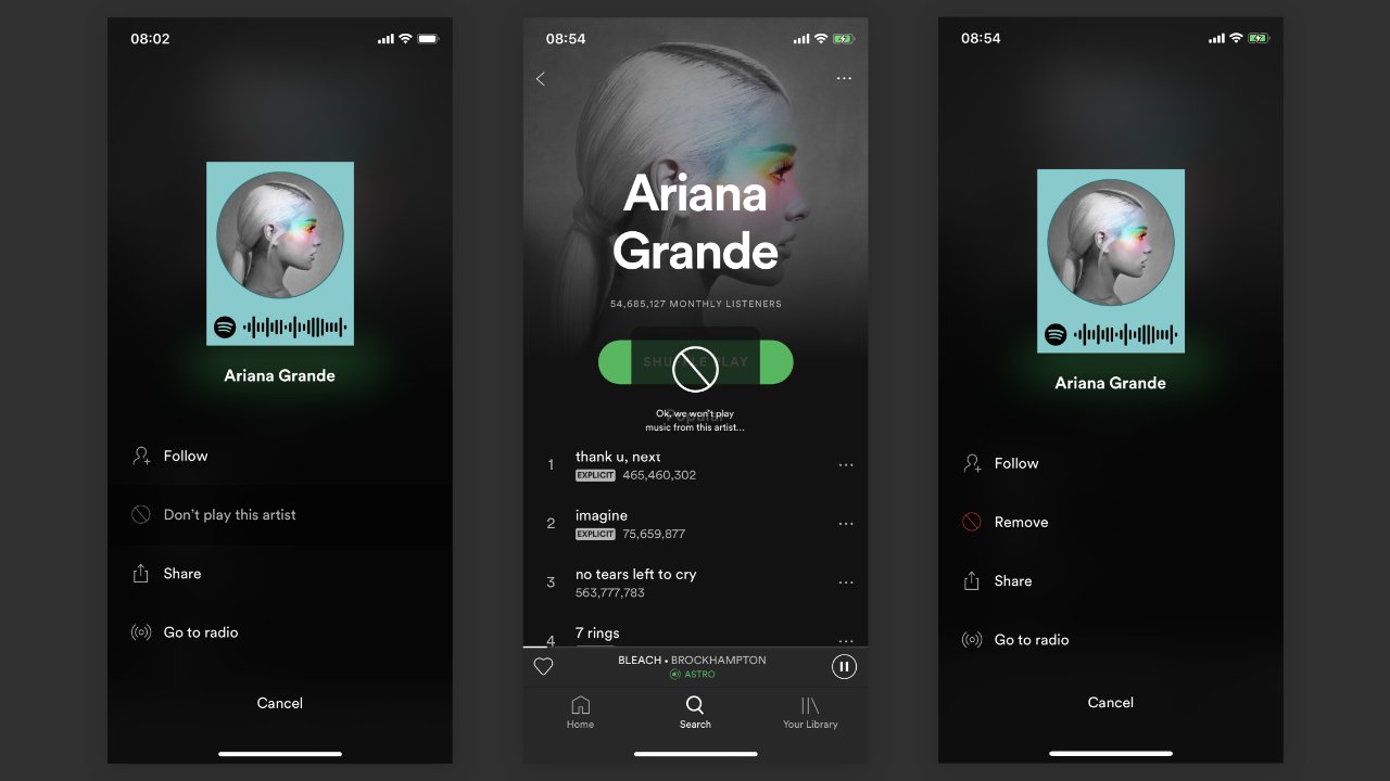 Bloqueando un artista en la App de iOS para Spotify