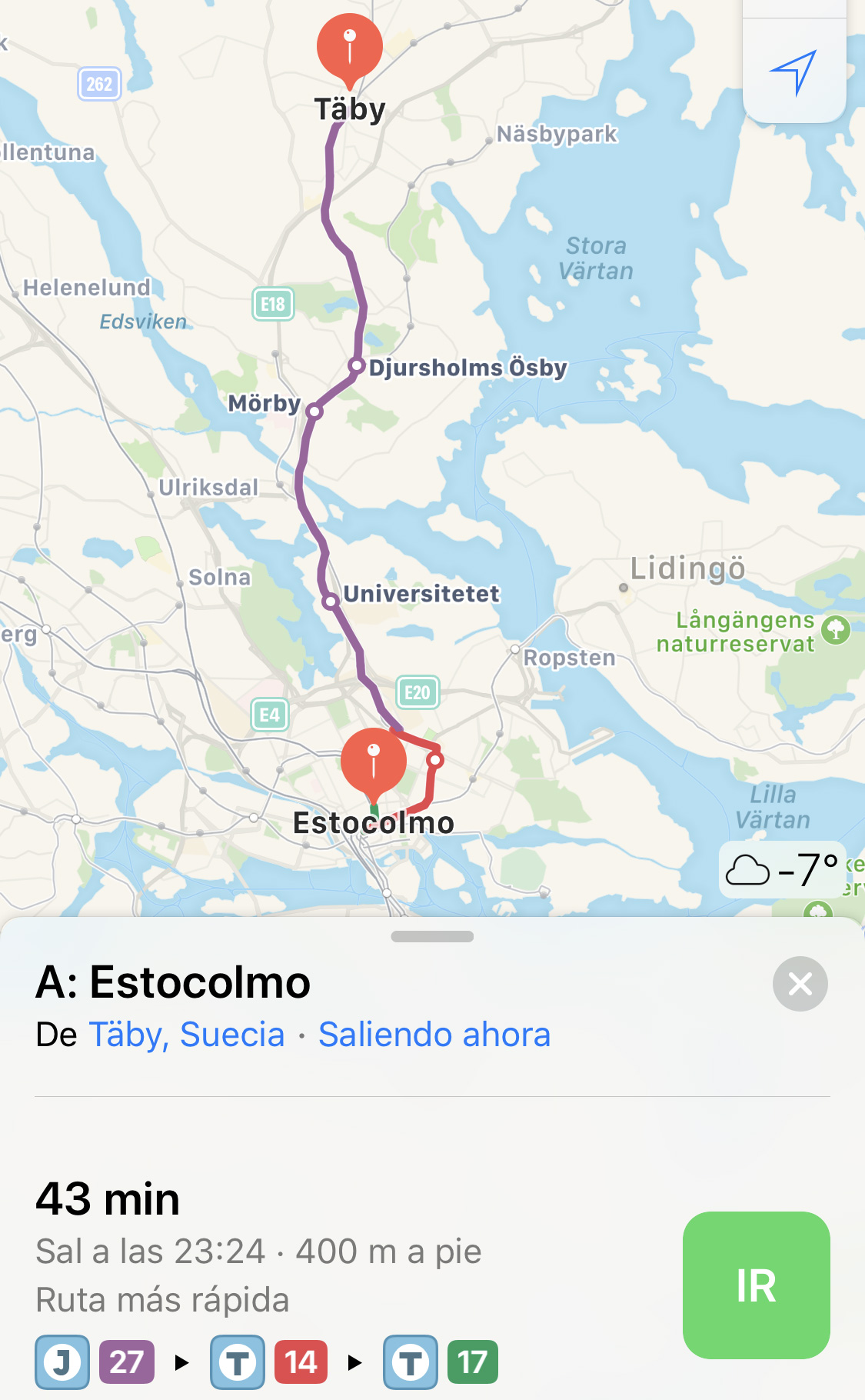 Rutas de transporte público en Suecia, buscando en Apple Maps