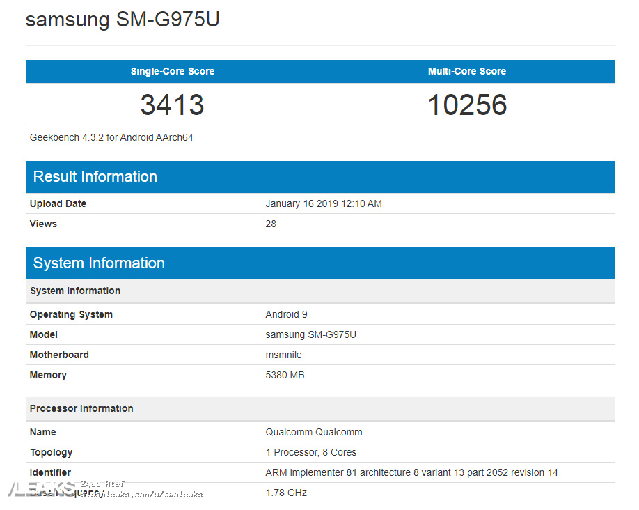 Supuesta prueba de velocidad del Samsung Galaxy S10+ en Geekbench