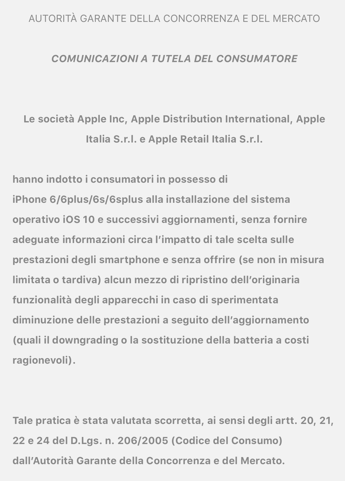 Mensaje sobre la ralentización del iPhone en la web de Apple en Italia