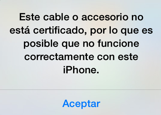 Este cable o accesorio no está certificado, por lo que es posible que no funcione correctamente con este iPhone.