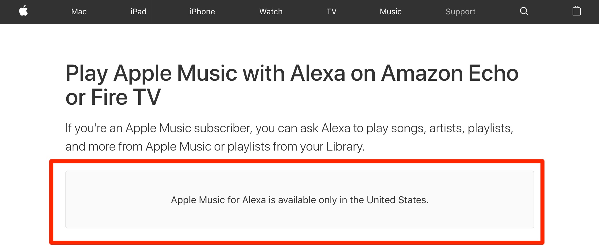 Aviso de que Apple Music para Echo y Fire TV sólo está disponible en EEUU