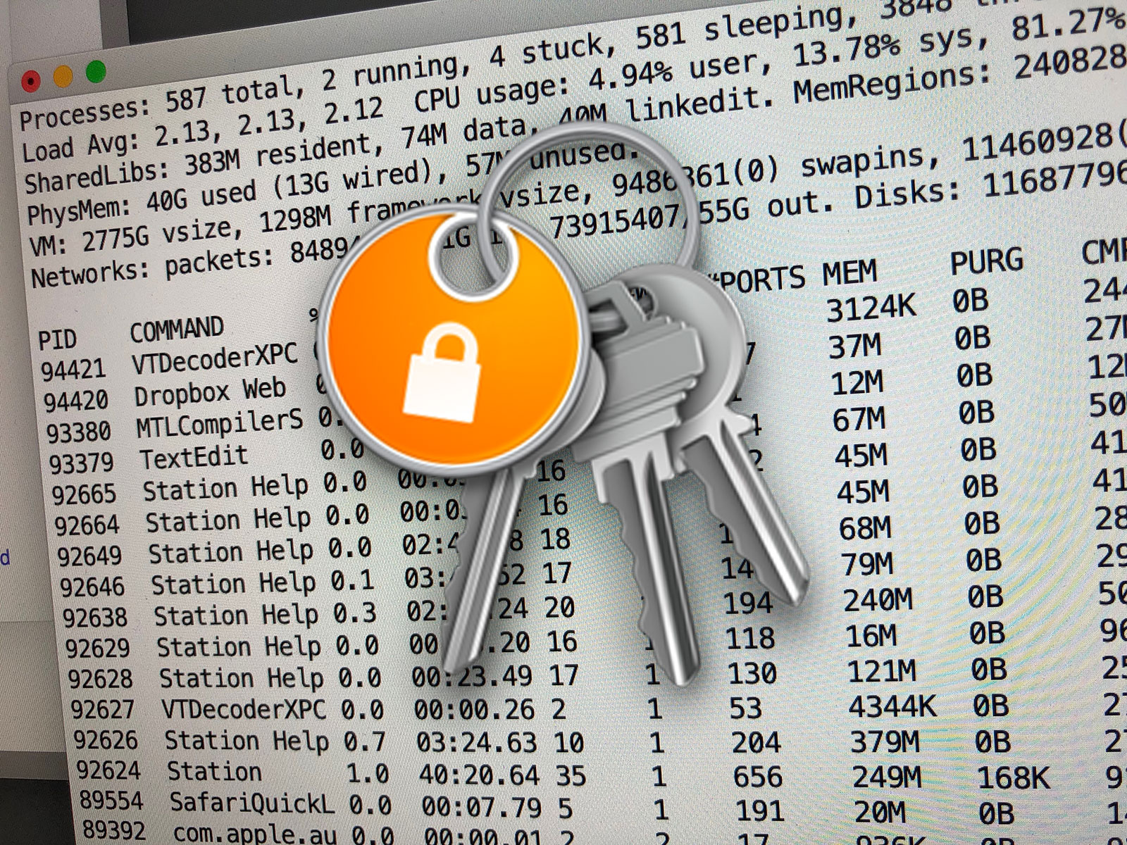 Comando TOP en Bash con icono de Keychain superpuesto: Seguridad