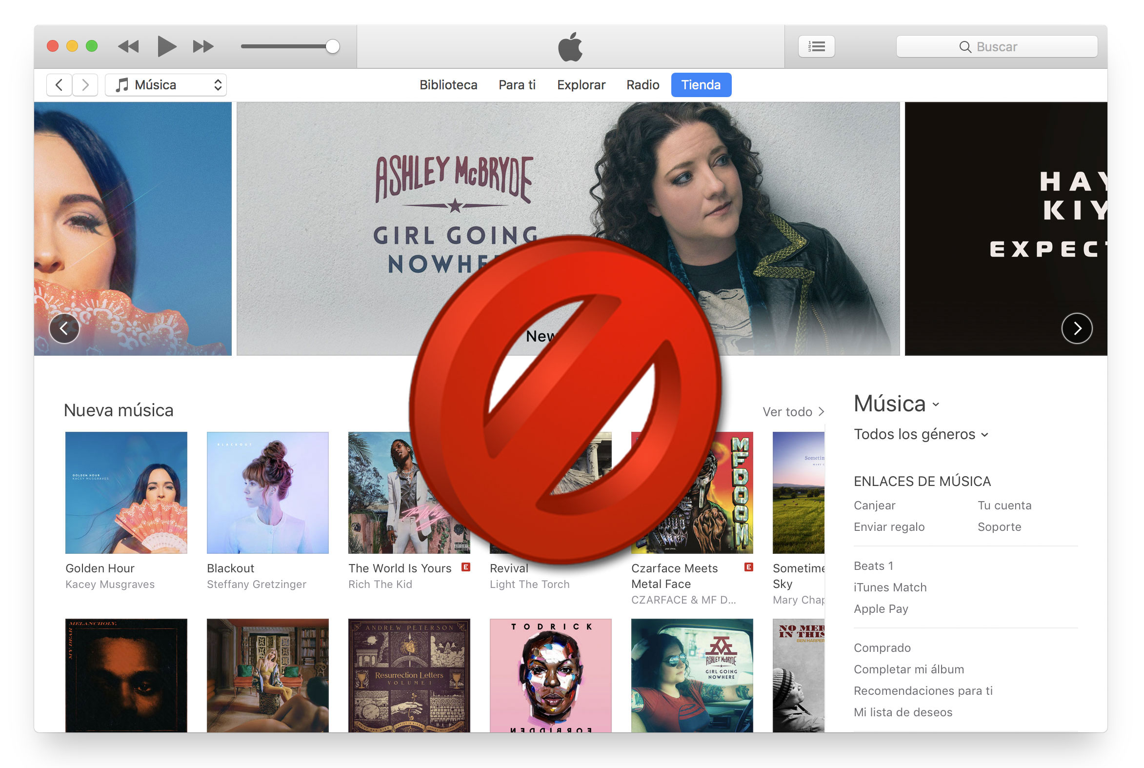 iTunes con el símbolo de prohibido encima