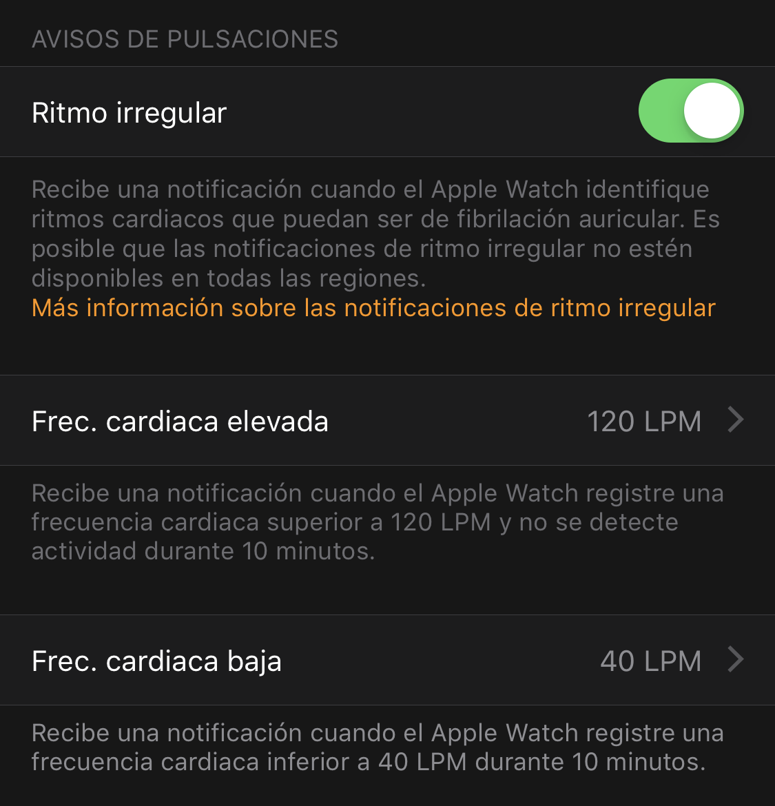 Notificaciones de ritmo irregular en la App de Apple Watch