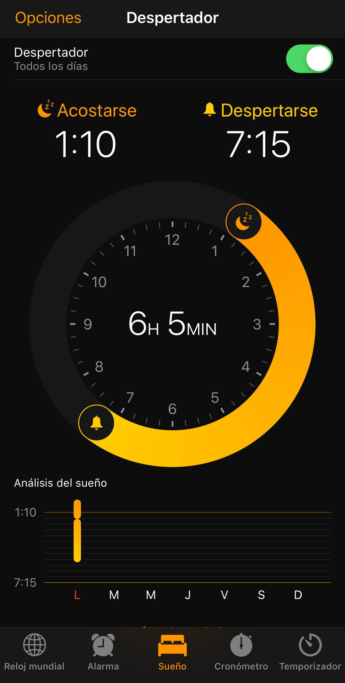 Solapa de Sueño en la App de Reloj
