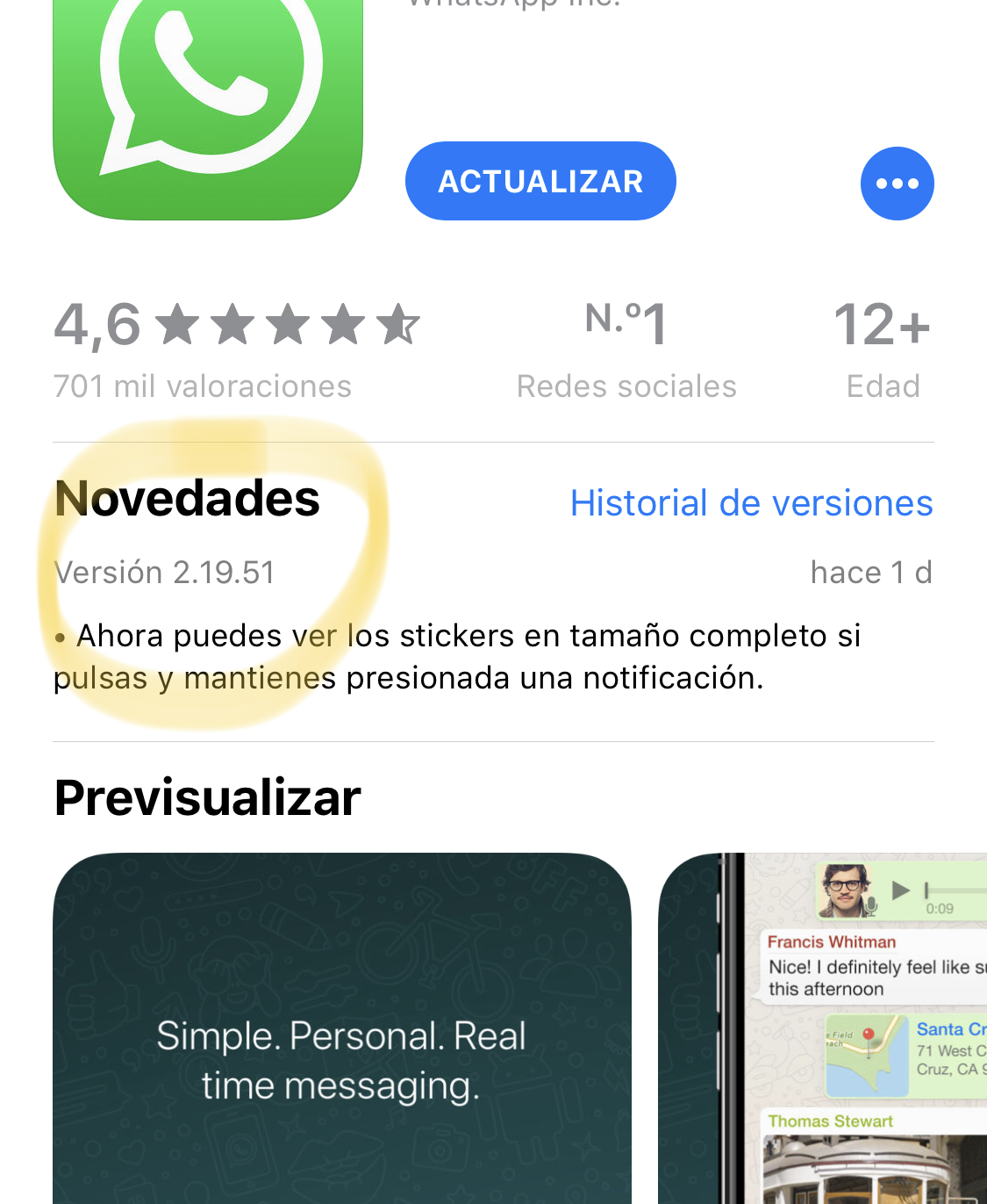 Versioón 2.19.51 de WhatsApp