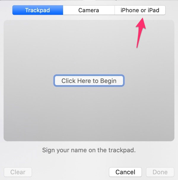 Mètodo de entrada para firmar con un iPhone o iPad en macOS Catalina