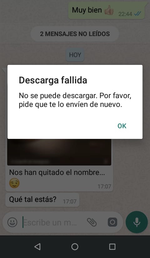 Mensaje de error en WhatsApp en un terminal Android: Descarga fallida. No se puede descargar. Por favor, pide que te lo envíen de nuevo.