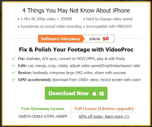 Licencia de descarga gratuita de VideoProc