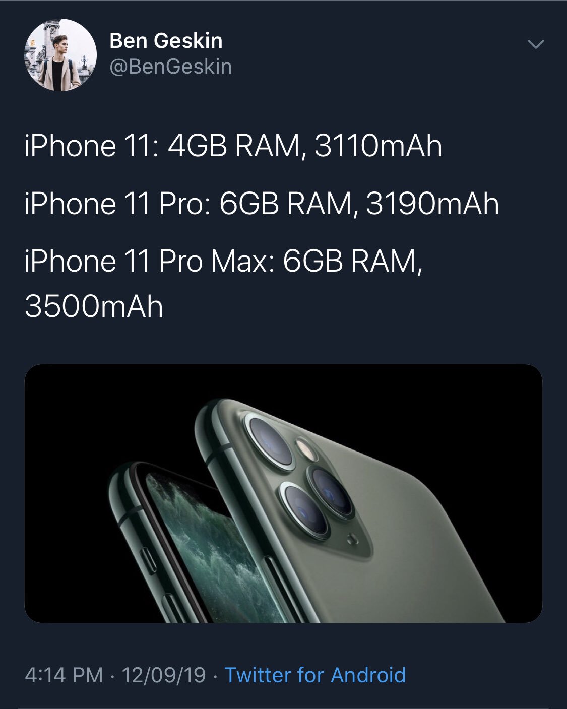 Tuit de Ben Geskin sobre la cantidad de RAM del iPhone 11 Pro