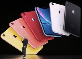 Keynote Septiembre 2019: Tim Cook delante del iPhone XR en todos sus colores