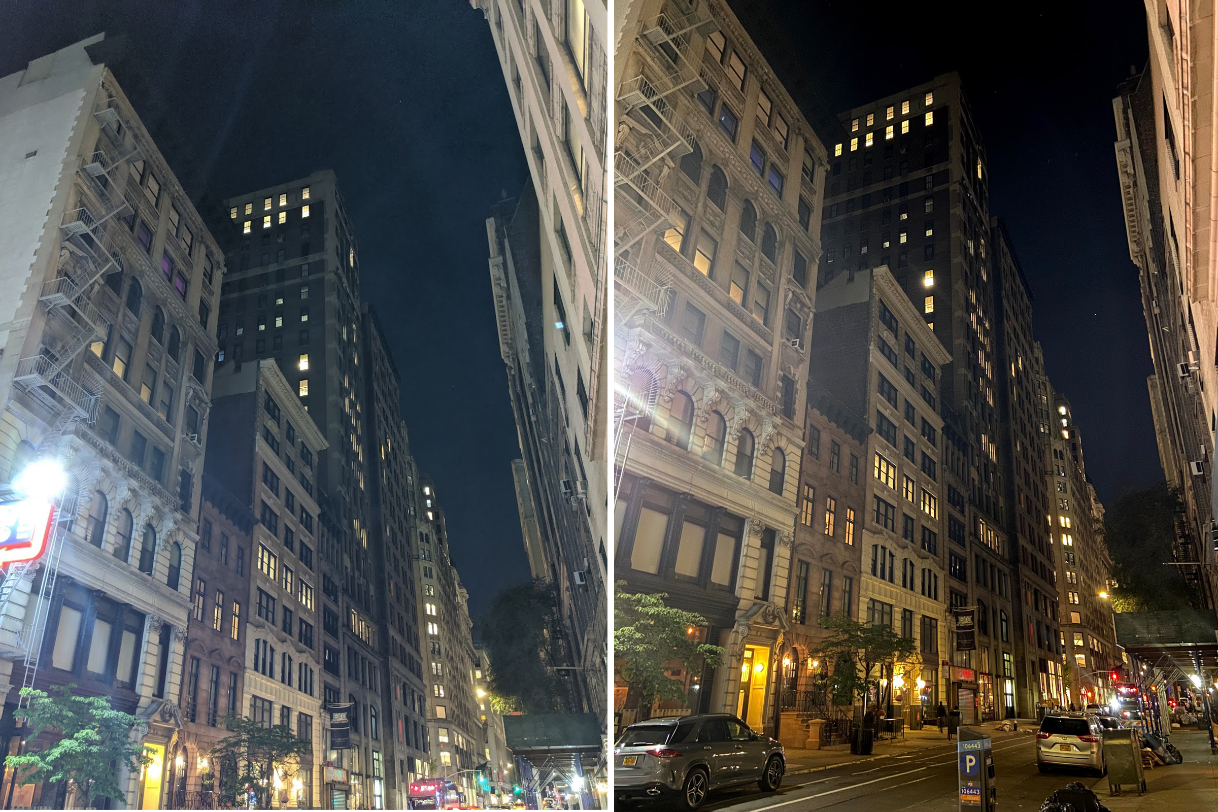 Fotos comparativas del modo nocturno del Pixel 4 (izquierda) y el iPhone 11 (derecha)
