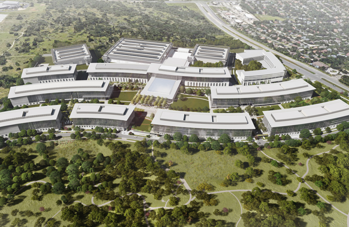 Imagen generada por ordenador del futuro campus de oficinas de Apple en Austin, Texas.