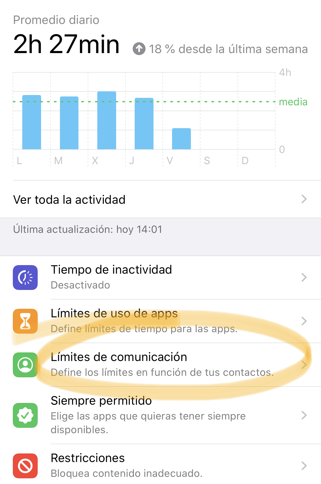 Límites de comunicación en la App de Ajustes - Tiempo de uso