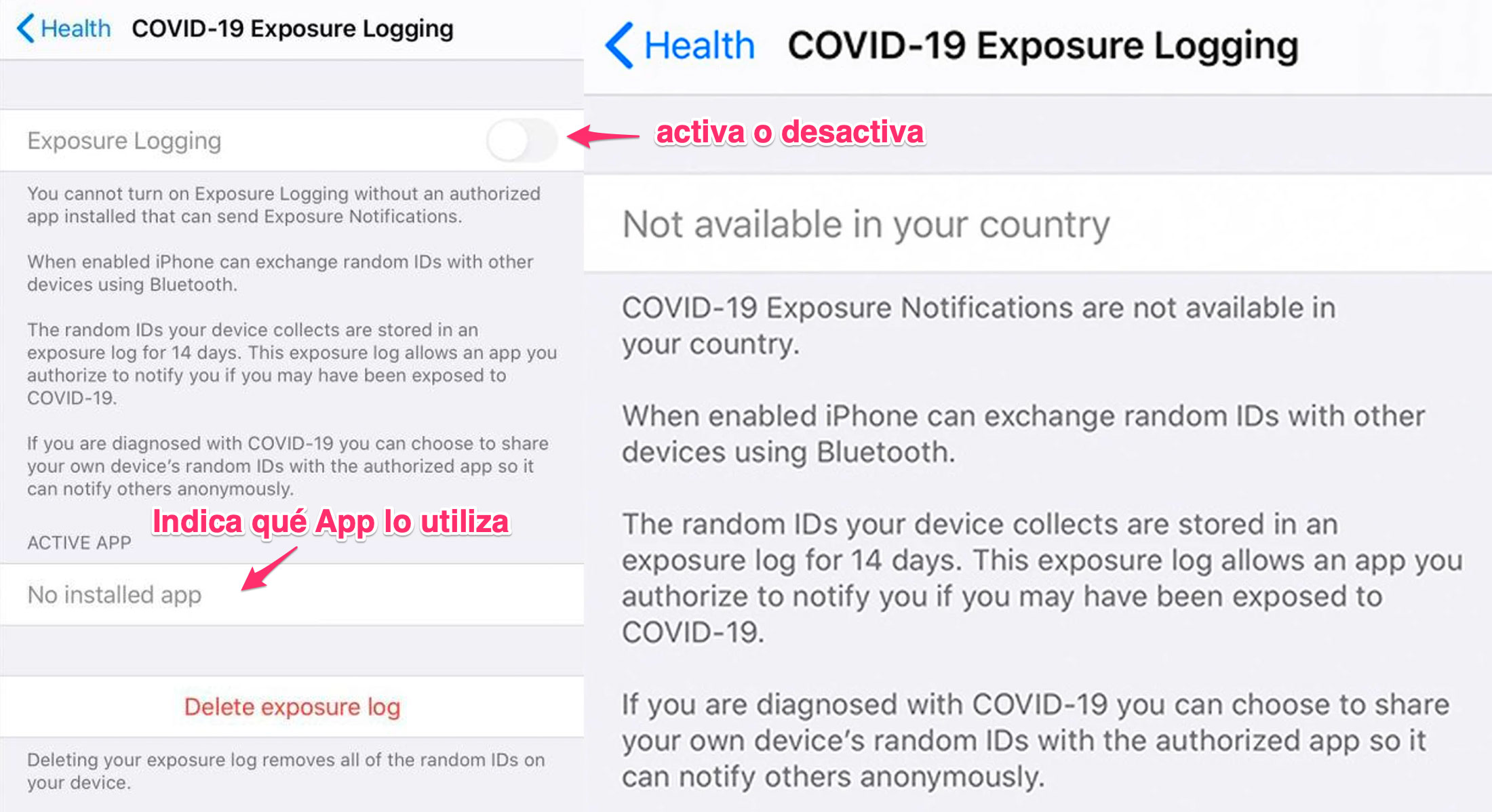 Ajustes del seguimiento de COVID-19 en la App de Ajustes de iOS