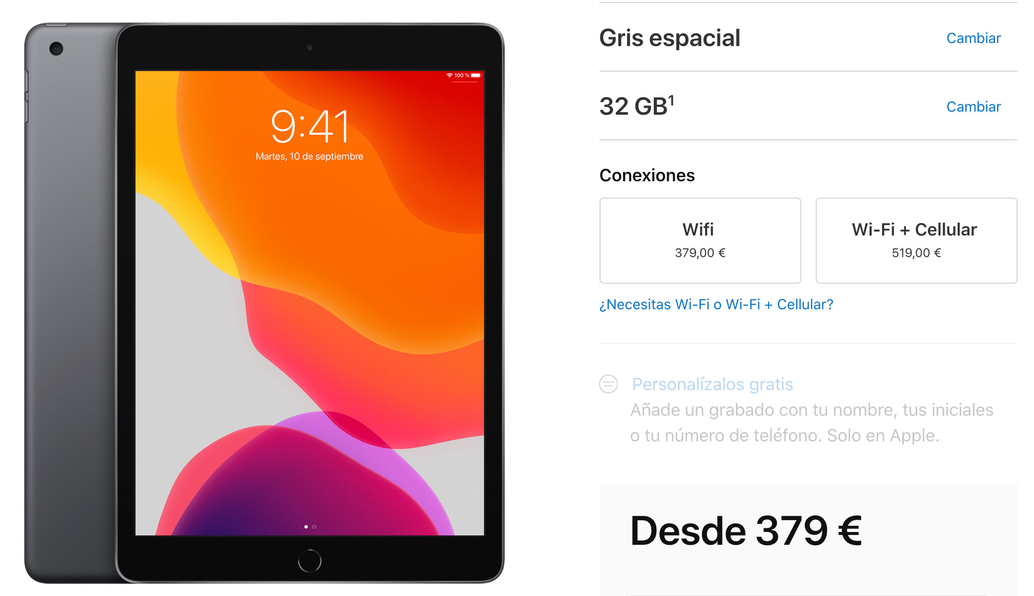 Un iPad de 10,2 pulgadas de 32 GB cuesta 379€